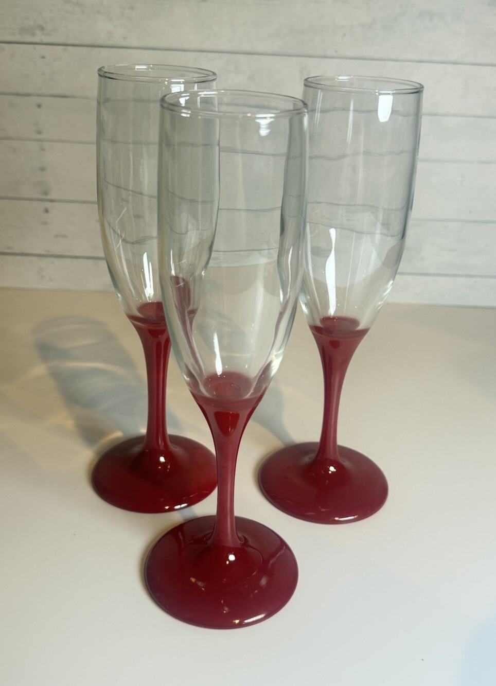 Vintage Red Stem Champagne Flutes 8” Set of 3 Cristal d’Arques Style - Picture 1 of 4